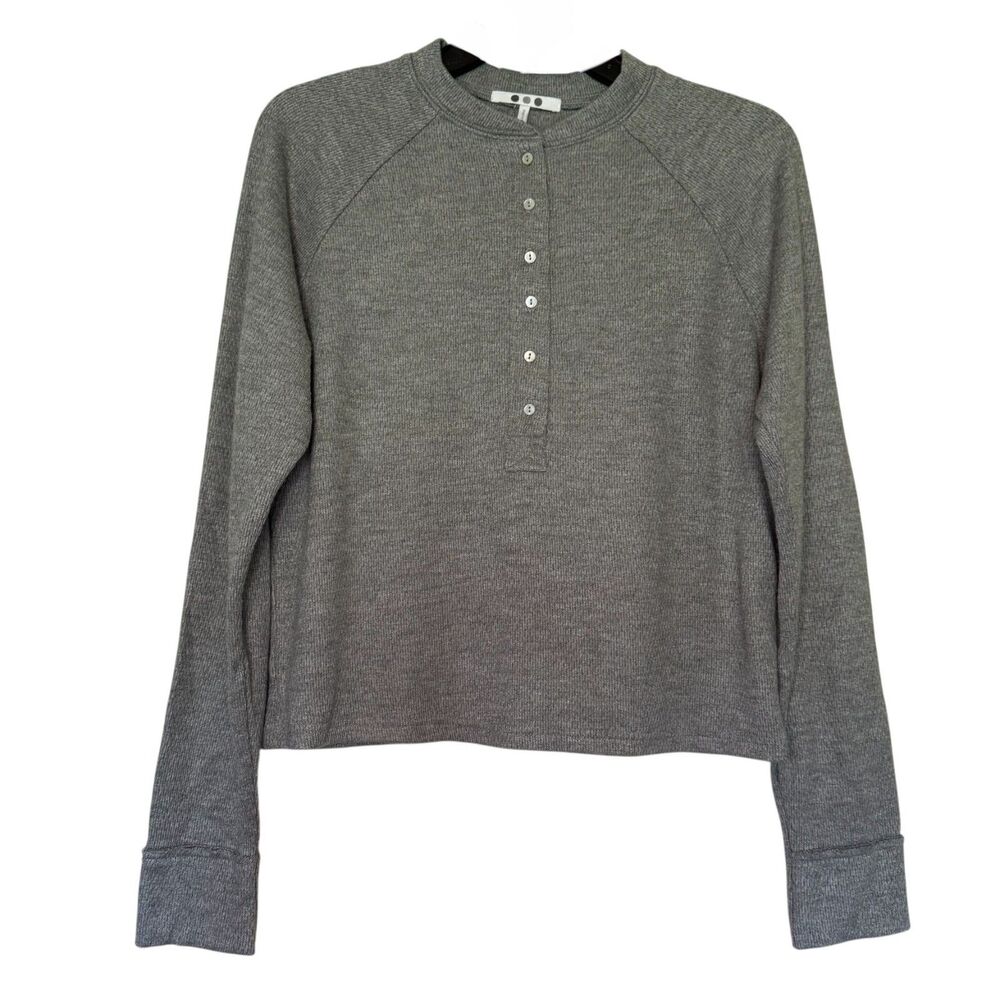 THREE DOTS womens size small S thermal button gray long sleeve henley top shirt
